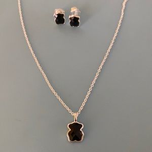 Black and Silver Tous Earrings and Necklace Set